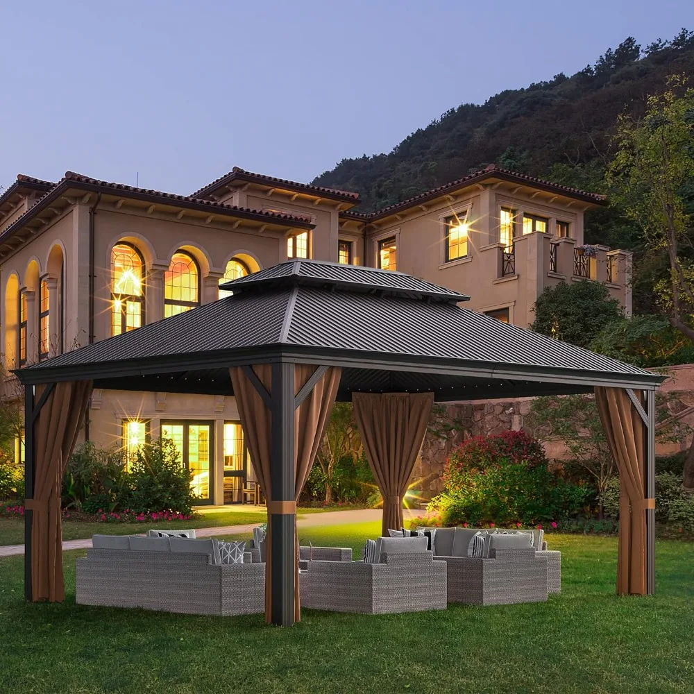 12'x16 'hard top outdoor pavilion, galvanized steel double roof canopy, aluminum frame permanent pavilion with mesh and curtains
12'x16 'hard top outdoor pavilion, galvanized steel double roof canopy, aluminum frame permanent pavilion with mesh and curtains