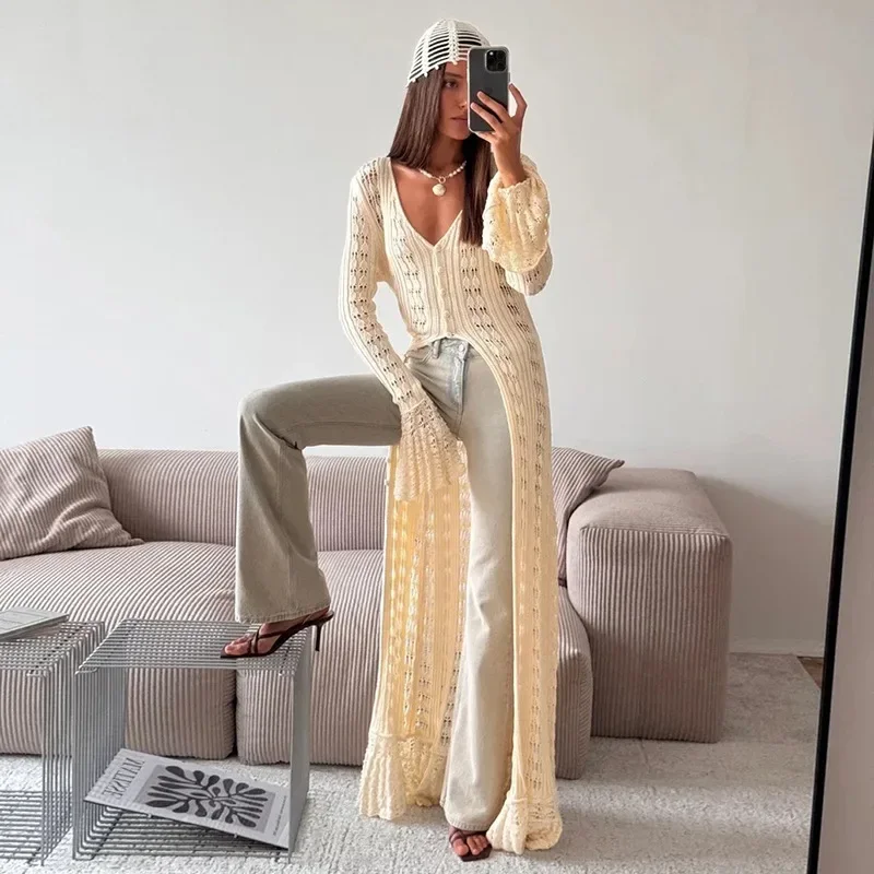 Hollow Out Crochet Knitted Long Cardigans Women 2025 Autumn Solid V Neck Flare Full Sleeve Single Breasted Maxi Dress Coats
Hollow Out Crochet Knitted Long Cardigans Women 2025 Autumn Solid V Neck Flare Full Sleeve Single Breasted Maxi Dress Coats