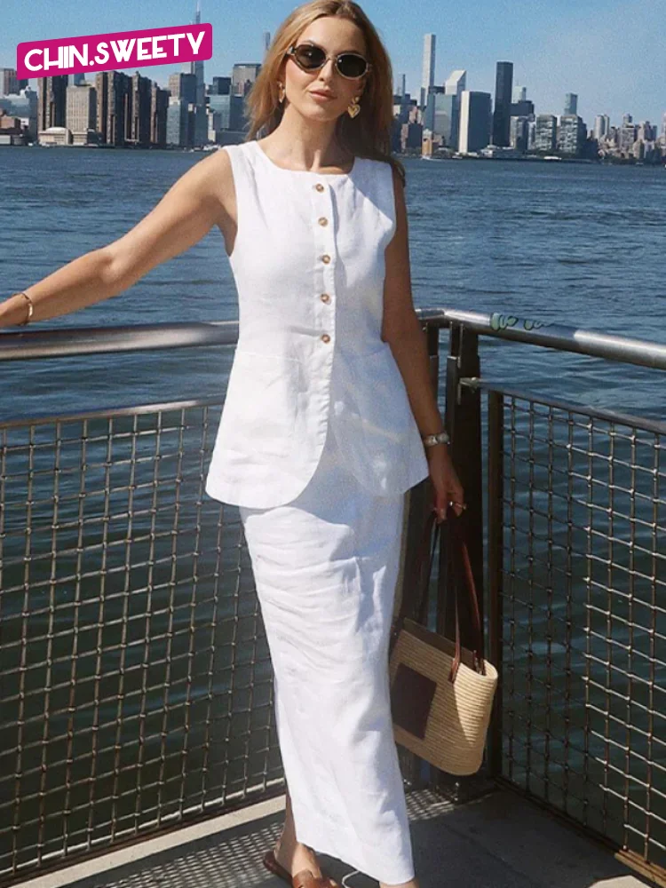 Solid Cotton Linen Button Up Skirt Suit Women Elegant Round Neck Sleeveless Waist Cinching 2 Piece Set 2025 New Summer Outfit
Solid Cotton Linen Button Up Skirt Suit Women Elegant Round Neck Sleeveless Waist Cinching 2 Piece Set 2025 New Summer Outfit