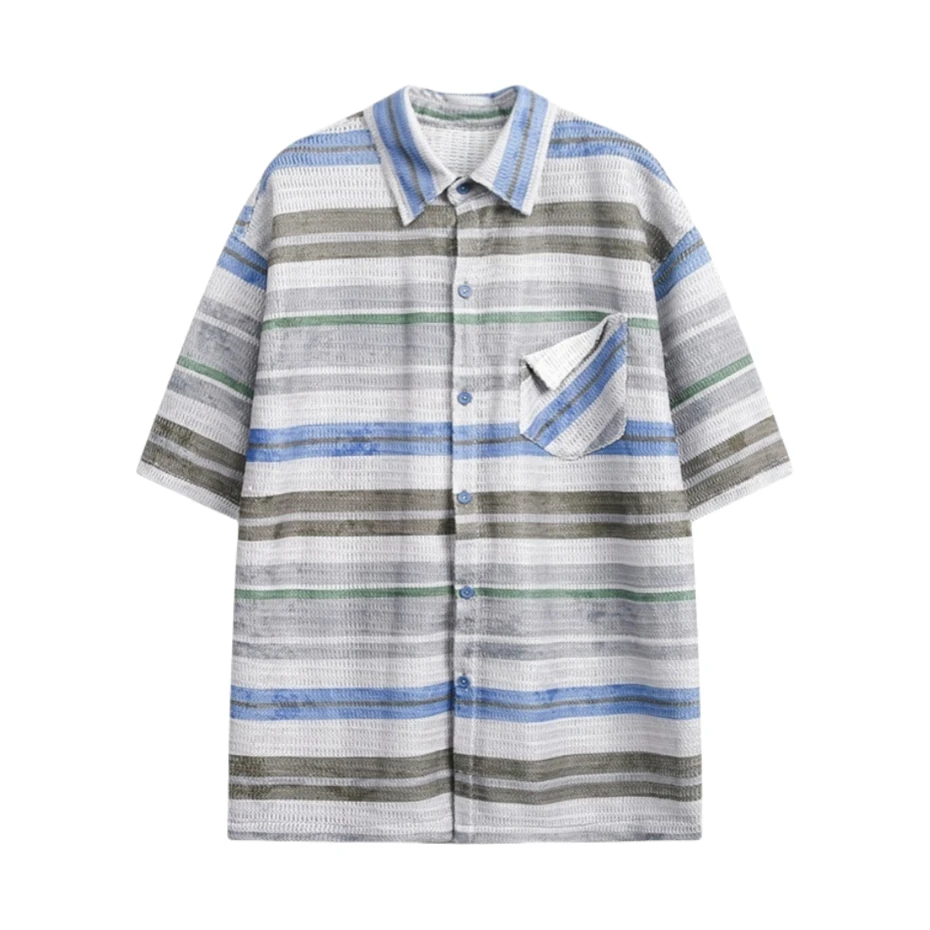 Summer Hollow Striped Shirts Men Streetwear Vintage Thin Knit Short Sleeve Shirt Oversized Harajuku Breathable Casual Blouse
Summer Hollow Striped Shirts Men Streetwear Vintage Thin Knit Short Sleeve Shirt Oversized Harajuku Breathable Casual Blouse