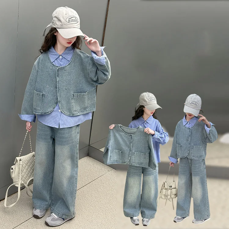 Korean Teenager Girls Denim Sets Kids Girls Striped Undershirt+Round Neck Solid Coat+Straight-leg Jean Children Girl 3pcs Outift
Korean Teenager Girls Denim Sets Kids Girls Striped Undershirt+Round Neck Solid Coat+Straight-leg Jean Children Girl 3pcs Outift