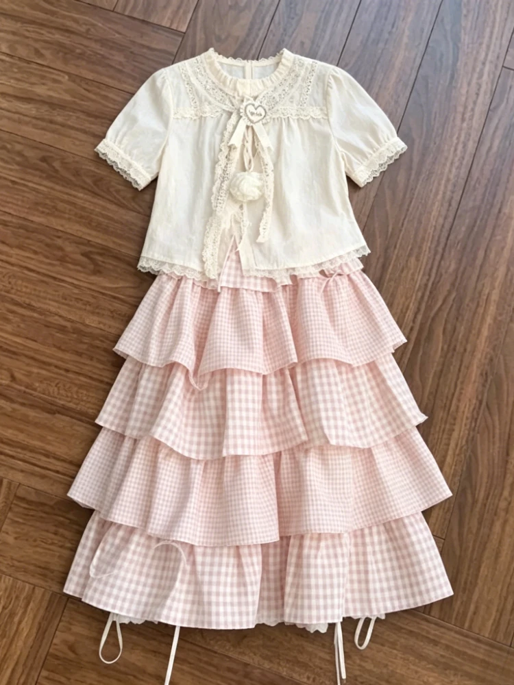 Summer Women 2 Piece Set Japanese Sweet Elegant Loose Casual Kawaii Tops + New High-waist Pink Plaid Lovely Long Cake Skirt 2026
Summer Women 2 Piece Set Japanese Sweet Elegant Loose Casual Kawaii Tops + New High-waist Pink Plaid Lovely Long Cake Skirt 2026