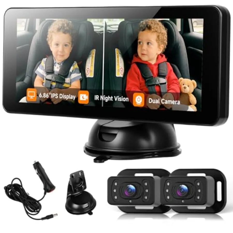 Dual Baby Car Monitor for 2 - 6.86 Inch IPS Split Display, Black Plastic, Night Vision Easy Install for Rear-Facing Seats
Dual Baby Car Monitor for 2 - 6.86 Inch IPS Split Display, Black Plastic, Night Vision Easy Install for Rear-Facing Seats