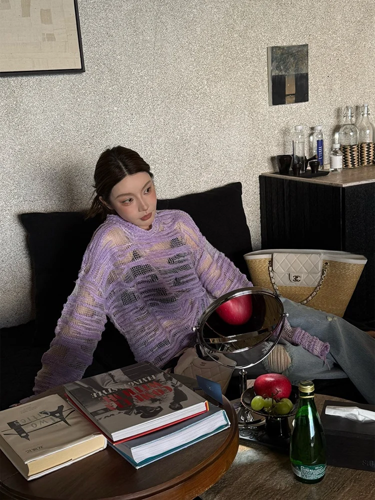 Spring Summer New Hollow out Knitted Top Women Loose Light Purple Wool Knitted Sweater Fashion Lazy Style Long Sleeve round Neck
Spring Summer New Hollow out Knitted Top Women Loose Light Purple Wool Knitted Sweater Fashion Lazy Style Long Sleeve round Neck