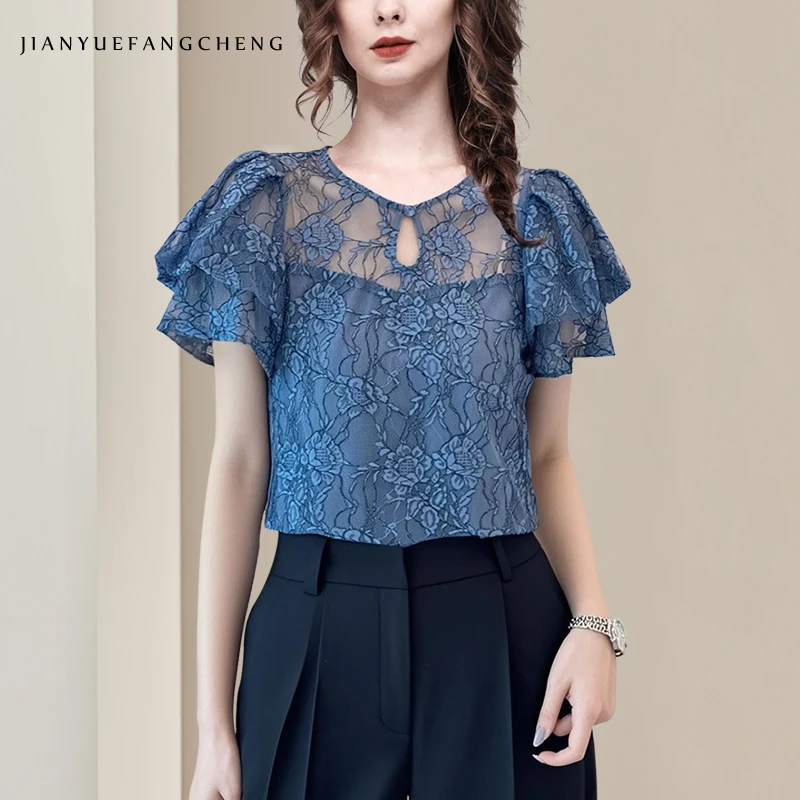 Fashion Women Summer Short Sleeve Blue Lace Top See through Hollow Out Floral Blouses Shirts For Petite Ladies
Fashion Women Summer Short Sleeve Blue Lace Top See through Hollow Out Floral Blouses Shirts For Petite Ladies
