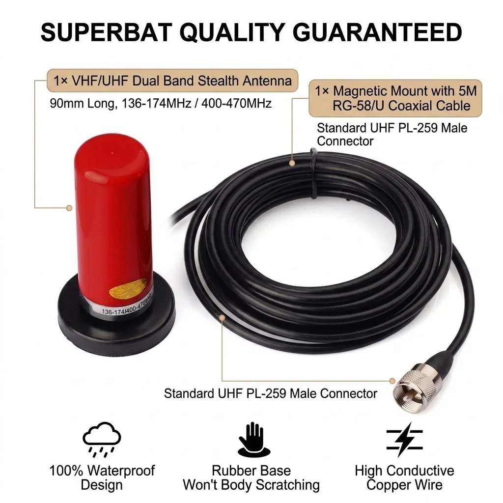 Автомобильная/автомобильная радиостанция Superbat VHF/UHF, двухдиапазонная, с магнитным креплением, 9-см антенна, BNC-штекер, кабель 5 м для любительской радиосвязи
Автомобильная/автомобильная радиостанция Superbat VHF/UHF, двухдиапазонная, с магнитным креплением, 9-см антенна, BNC-штекер, кабель 5 м для любительской радиосвязи