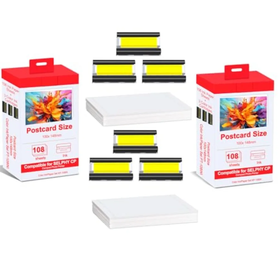 2 Pack Value Combo Pack KP-108IN Compatible for Canon Selphy CP1500 Ink and Paper Set Includes 6 Ink Cassettes + 216 Paper Shee
2 Pack Value Combo Pack KP-108IN Compatible for Canon Selphy CP1500 Ink and Paper Set Includes 6 Ink Cassettes + 216 Paper Shee
