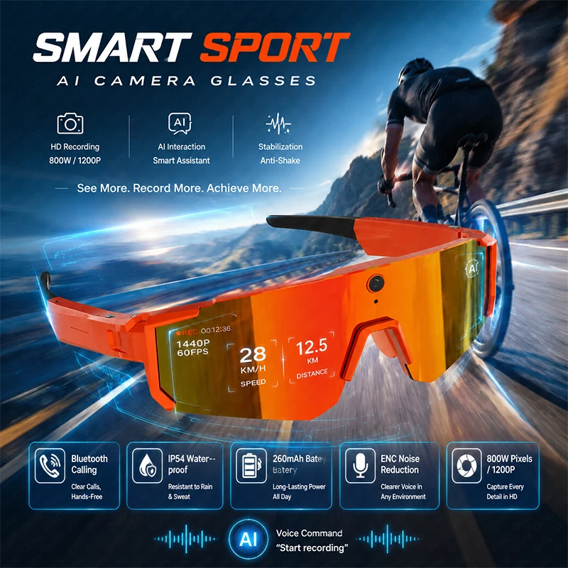 2026 Smart AI Sports Camera Glasses 800W 1200P HD Recording Bluetooth Calling IP54 Waterproof ENC Noise Reduction 260mAh Battery
2026 Smart AI Sports Camera Glasses 800W 1200P HD Recording Bluetooth Calling IP54 Waterproof ENC Noise Reduction 260mAh Battery