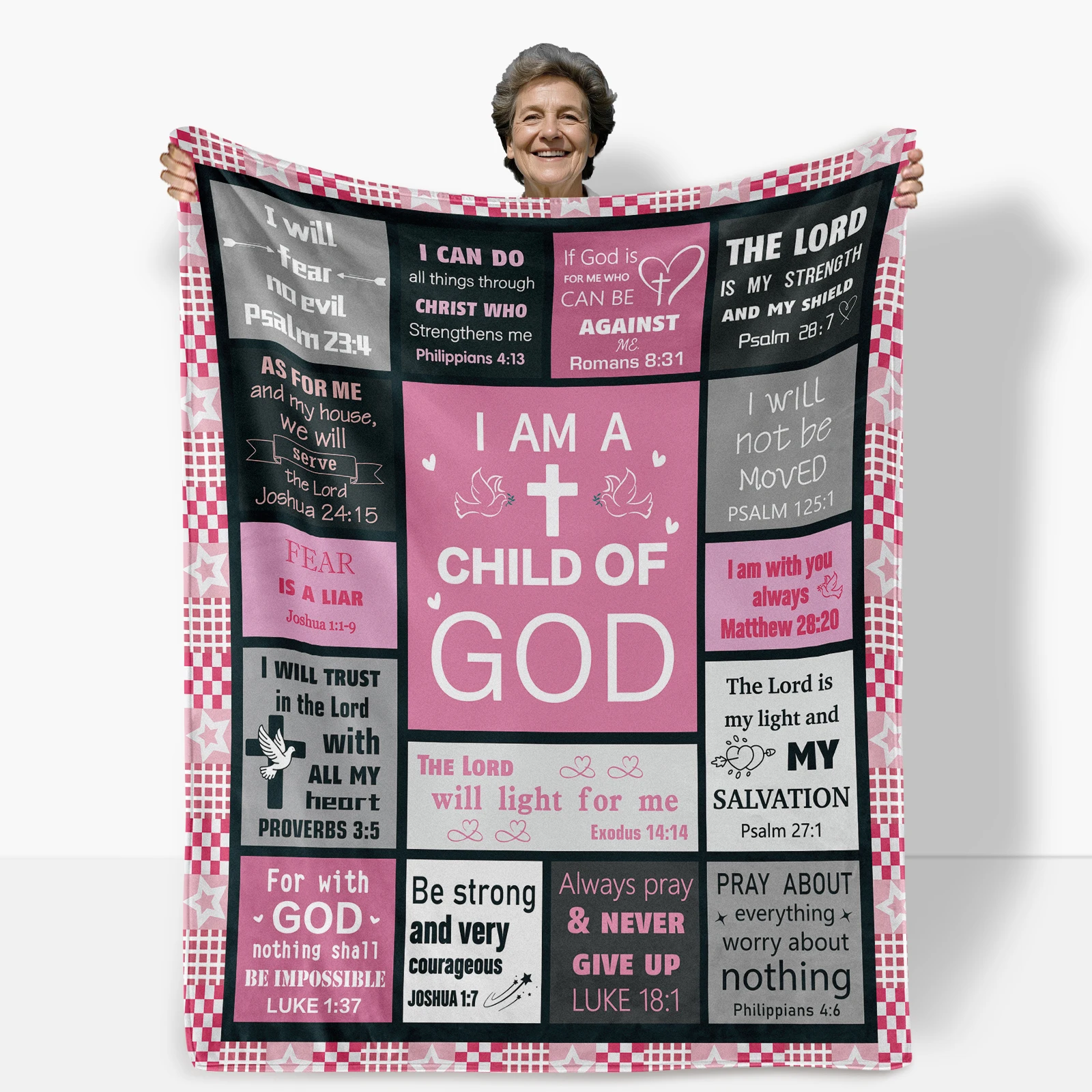 Flannel blanket for kids in pink and black checks adorned with simple religious quotes to inspire faith and softness
Flannel blanket for kids in pink and black checks adorned with simple religious quotes to inspire faith and softness