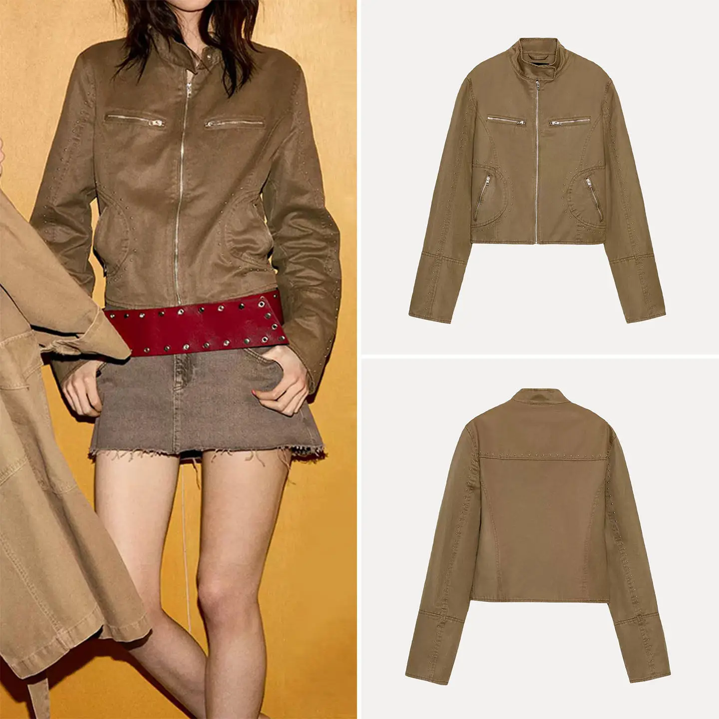 Fashionable Long Sleeve Stand Collar Rivet Wash Effect Jacket Women's Commute Style Outerwear Short Coat ZADATA Brand
Fashionable Long Sleeve Stand Collar Rivet Wash Effect Jacket Women's Commute Style Outerwear Short Coat ZADATA Brand