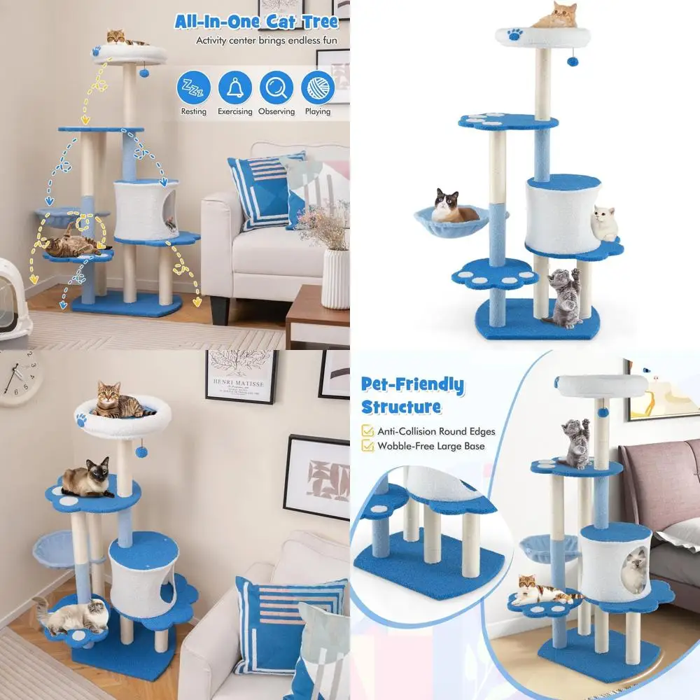54-inch Multi-Level Modern Cat Tower with Sisal Posts, Jingling Ball, Perch, Hammock, and Condo, Blue Indoor Cat Tree
54-inch Multi-Level Modern Cat Tower with Sisal Posts, Jingling Ball, Perch, Hammock, and Condo, Blue Indoor Cat Tree
