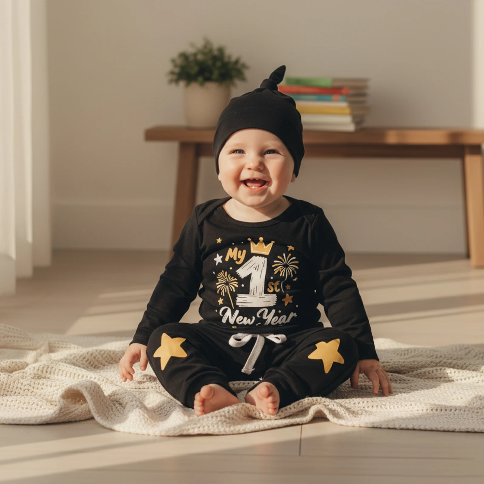 Blotona Baby Boy First New Year Outfit Letter Firework Print Long Sleeve Romper Elastic Waist Pants and Knotted Hat 3 Piece Set
Blotona Baby Boy First New Year Outfit Letter Firework Print Long Sleeve Romper Elastic Waist Pants and Knotted Hat 3 Piece Set