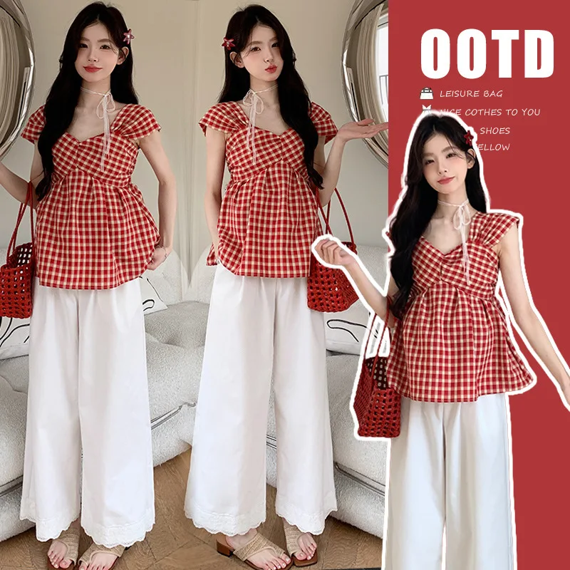 New Pregnancy Outfit French Inspired Red Checkered Blouse With Comfortable Palazzo Pants Fashionable Maternity Two Piece Set
New Pregnancy Outfit French Inspired Red Checkered Blouse With Comfortable Palazzo Pants Fashionable Maternity Two Piece Set