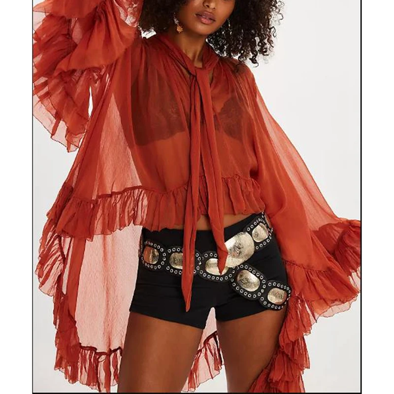 Женская шикарная накидка с нерегулярным рюшами по подолу, рубашки с завязками на шее и бантом, однотонные прозрачные блузки свободного покроя с длинными рукавами
Женская шикарная накидка с нерегулярным рюшами по подолу, рубашки с завязками на шее и бантом, однотонные прозрачные блузки свободного покроя с длинными рукавами