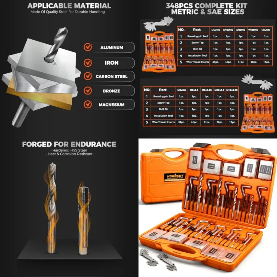 348-Piece Thread Repair Kit, Metric SAE Helicoil Set with HSS Drill Bits, Thread Inserts, Taps Installation Tools, for Damaged
348-Piece Thread Repair Kit, Metric SAE Helicoil Set with HSS Drill Bits, Thread Inserts, Taps Installation Tools, for Damaged