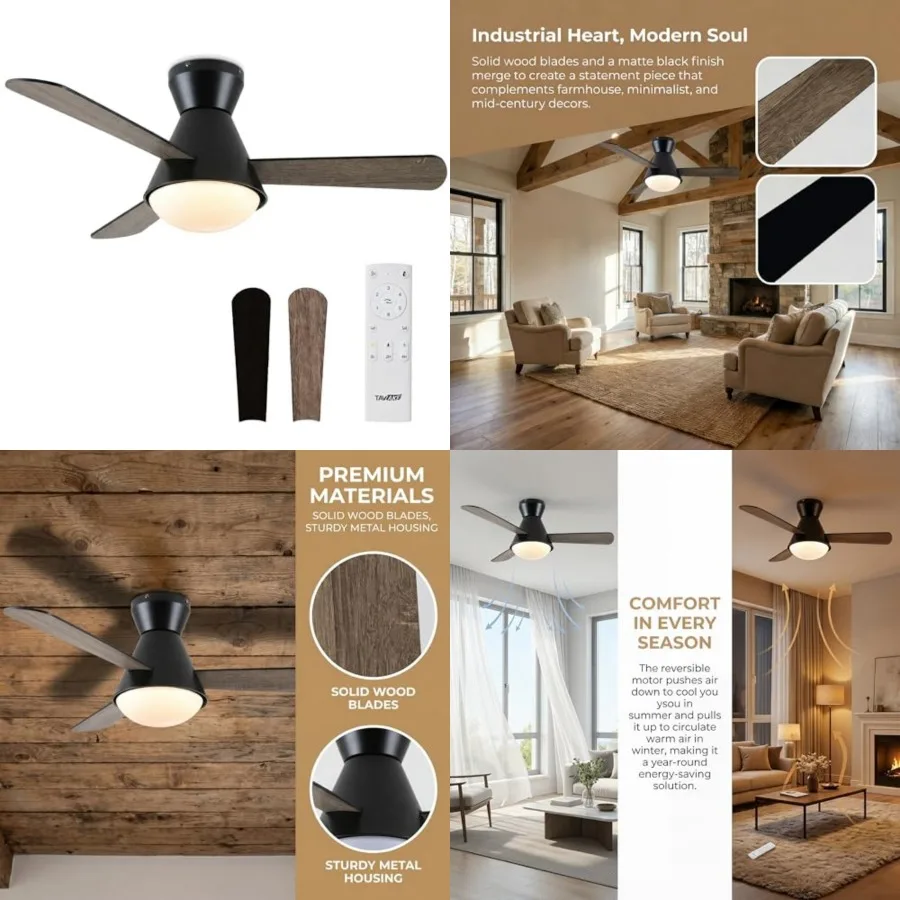Ceiling Fan with Light, Low Profile Flush Mount Black Ceiling Fan with Remote, Quiet DC Motor, 3 Wood Blades, 3CCT Dimmable LED
Ceiling Fan with Light, Low Profile Flush Mount Black Ceiling Fan with Remote, Quiet DC Motor, 3 Wood Blades, 3CCT Dimmable LED