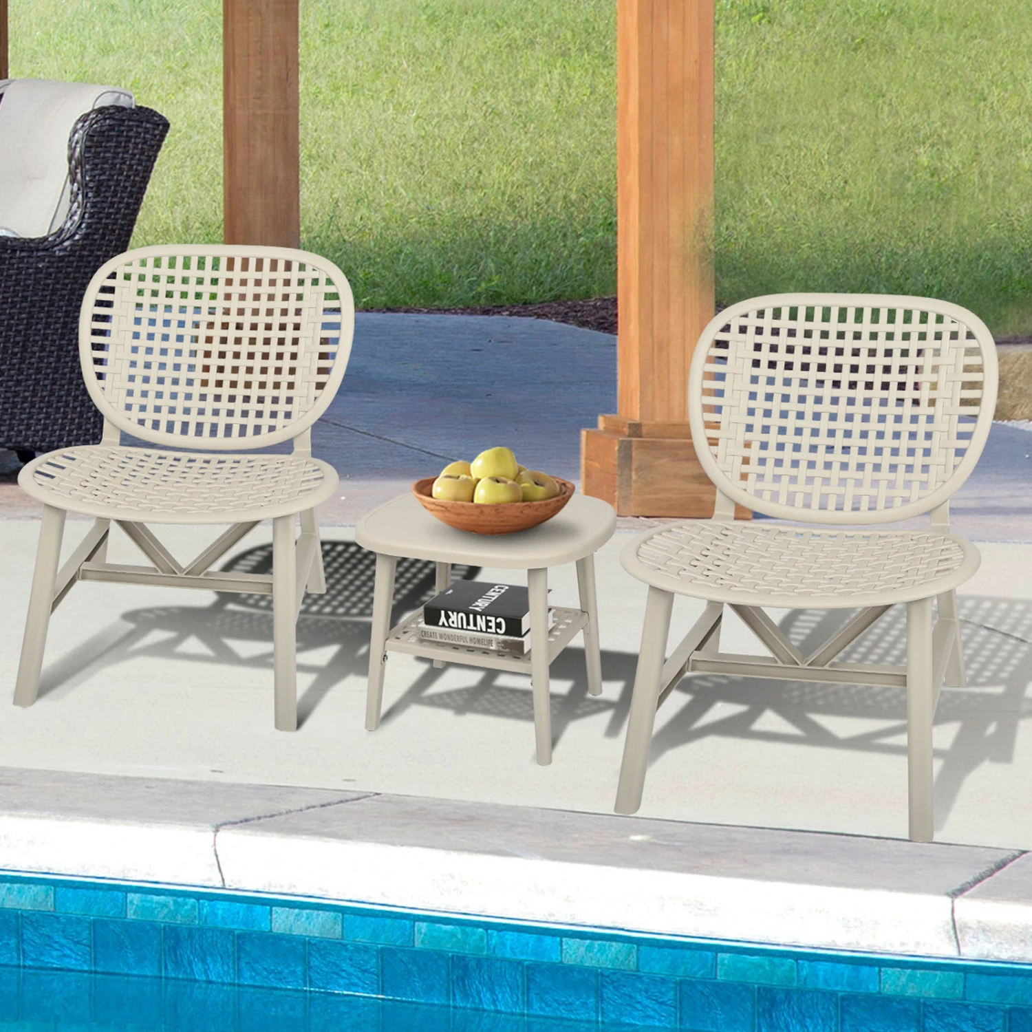 3 Pieces Hollow Design Retro Patio Table Chair Set All Weather Conversation Bistro Set Outdoor Table with Open Shelf and Lounge
3 Pieces Hollow Design Retro Patio Table Chair Set All Weather Conversation Bistro Set Outdoor Table with Open Shelf and Lounge