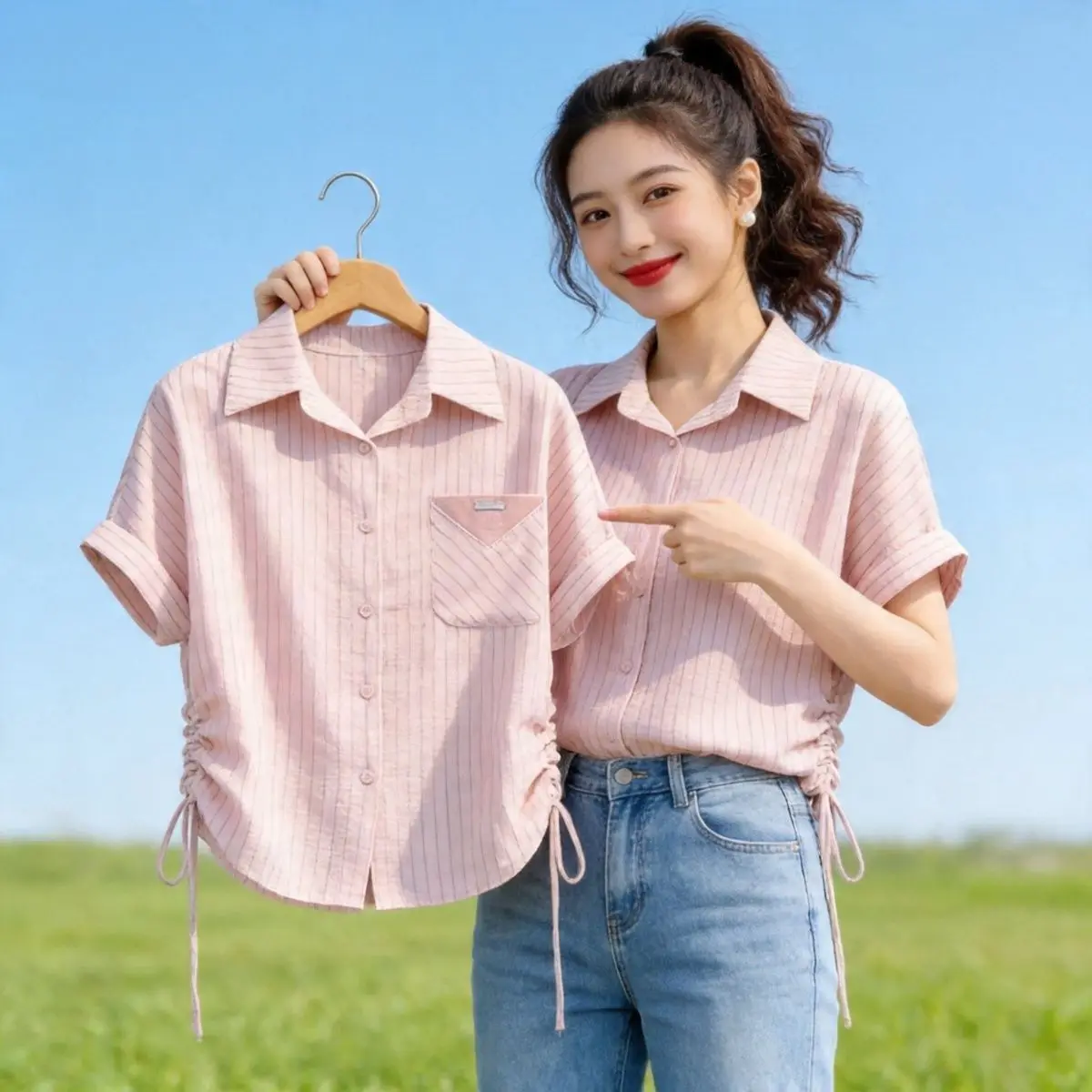 Sweet Style Short Sleeve Collar Drawstring Pink Stripes Women's Shirt Summer Design Casual Sweet Short Top for Girls
Sweet Style Short Sleeve Collar Drawstring Pink Stripes Women's Shirt Summer Design Casual Sweet Short Top for Girls