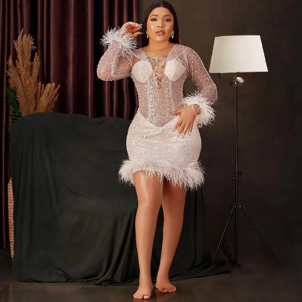 Luxury Feathers Crystal Prom Dresses Elegant Long Sleeve O-Neck Above-Knee Mini Skirt Customzied Sexy Women Dress Gowns 2025
Luxury Feathers Crystal Prom Dresses Elegant Long Sleeve O-Neck Above-Knee Mini Skirt Customzied Sexy Women Dress Gowns 2025