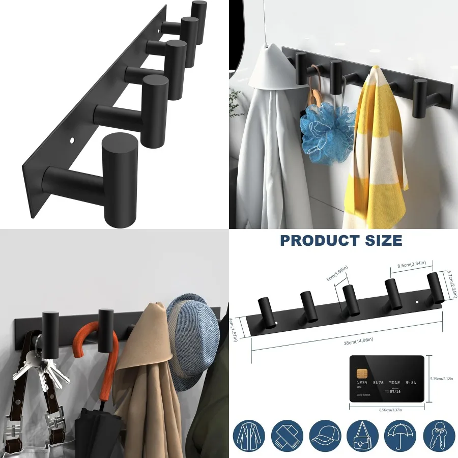 Настенная черная вешалка для шляп и пальто с 5 крючками для организации халатов, сумок, ключей и полотенец. Идеальная вешалка для полотенец для ванной.
Настенная черная вешалка для шляп и пальто с 5 крючками для организации халатов, сумок, ключей и полотенец. Идеальная вешалка для полотенец для ванной.