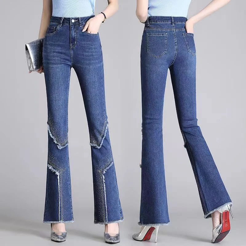 High Waist Bootcut Jeans for Women Stretch Denim Skinny Fit Crystal Decorated Raw Edge Bell Bottom
High Waist Bootcut Jeans for Women Stretch Denim Skinny Fit Crystal Decorated Raw Edge Bell Bottom
