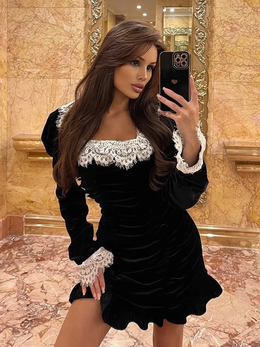 Marthaqiqi зимние модные женские ночные рубашки с длинными рукавами, пижамы с квадратным воротником, кружевное мини-платье, женская ночная рубашка 
Marthaqiqi зимние модные женские ночные рубашки с длинными рукавами, пижамы с квадратным воротником, кружевное мини-платье, женская ночная рубашка