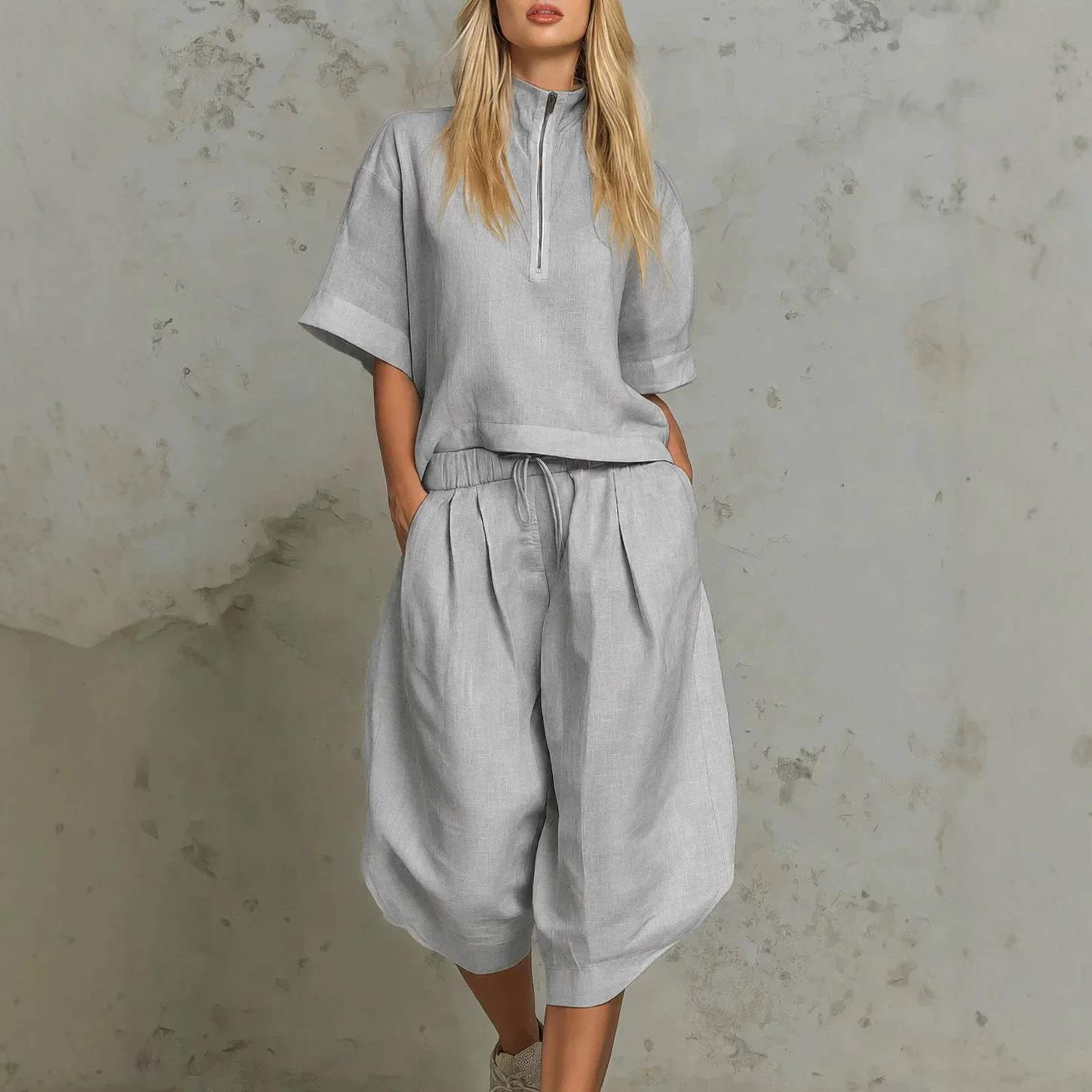 Women's Casual Shirt And Capri Pants Set Summer Lightweight Breathable Seven-Foot Pants Short Sleeve Stand Collar Loose Fit
Women's Casual Shirt And Capri Pants Set Summer Lightweight Breathable Seven-Foot Pants Short Sleeve Stand Collar Loose Fit