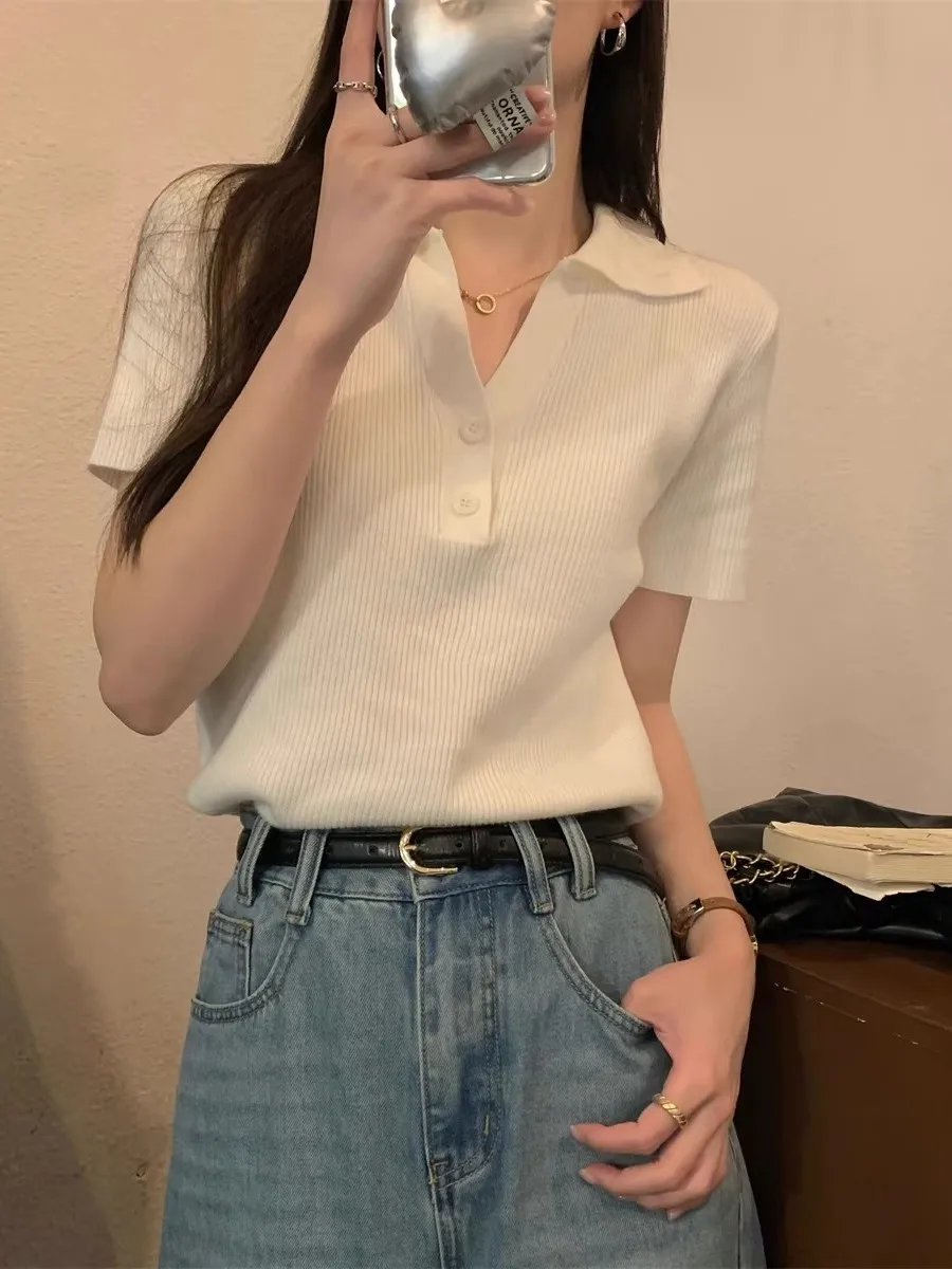 Korean Style Neck Knitted Short Sleeve Top Women's Elegant Beautiful Fashionable Summer Casual Soft Comfortable Knitwear
Korean Style Neck Knitted Short Sleeve Top Women's Elegant Beautiful Fashionable Summer Casual Soft Comfortable Knitwear