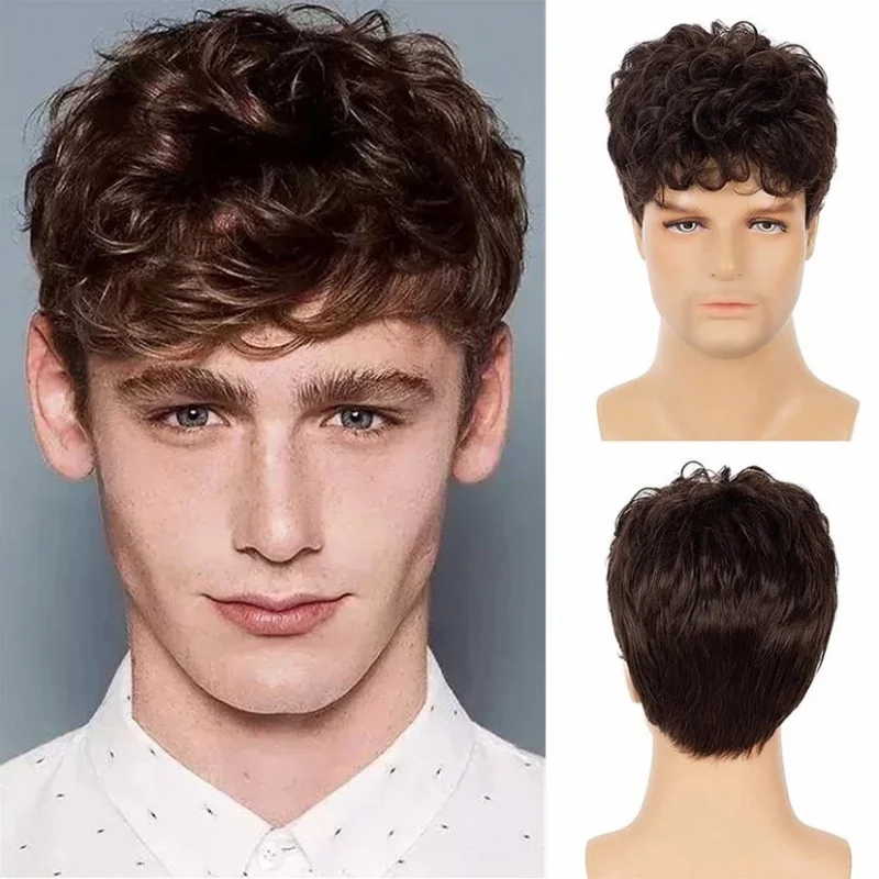 Unique new European and American men's , brown short curly synthetic fiber wig, in stock for wholesale
Unique new European and American men's , brown short curly synthetic fiber wig, in stock for wholesale