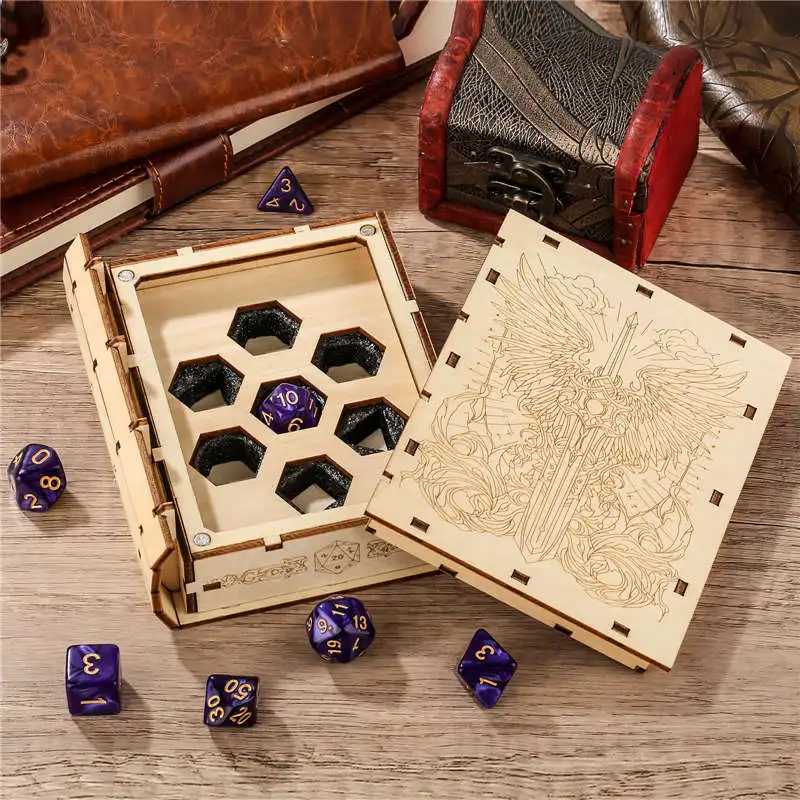 7pcs/set Purple Plastic Polyhedral Dice Wooden Magic Book Cover Warrior Box DND Dice Storage Organizer Tabletop RPG Accessory 
7pcs/set Purple Plastic Polyhedral Dice Wooden Magic Book Cover Warrior Box DND Dice Storage Organizer Tabletop RPG Accessory