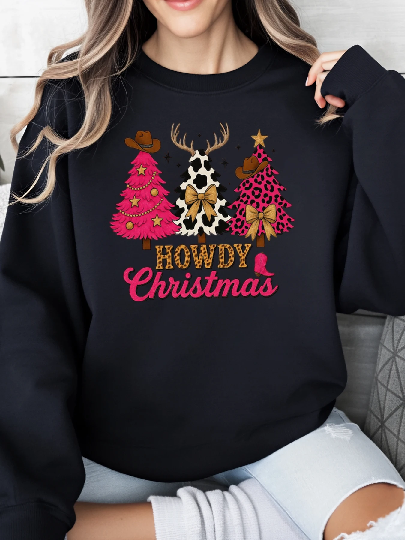 Christmas Tree Deer Howdy Christmas Print Sweatshirt Women Holiday Casual Wear Black Plus-Size
Christmas Tree Deer Howdy Christmas Print Sweatshirt Women Holiday Casual Wear Black Plus-Size