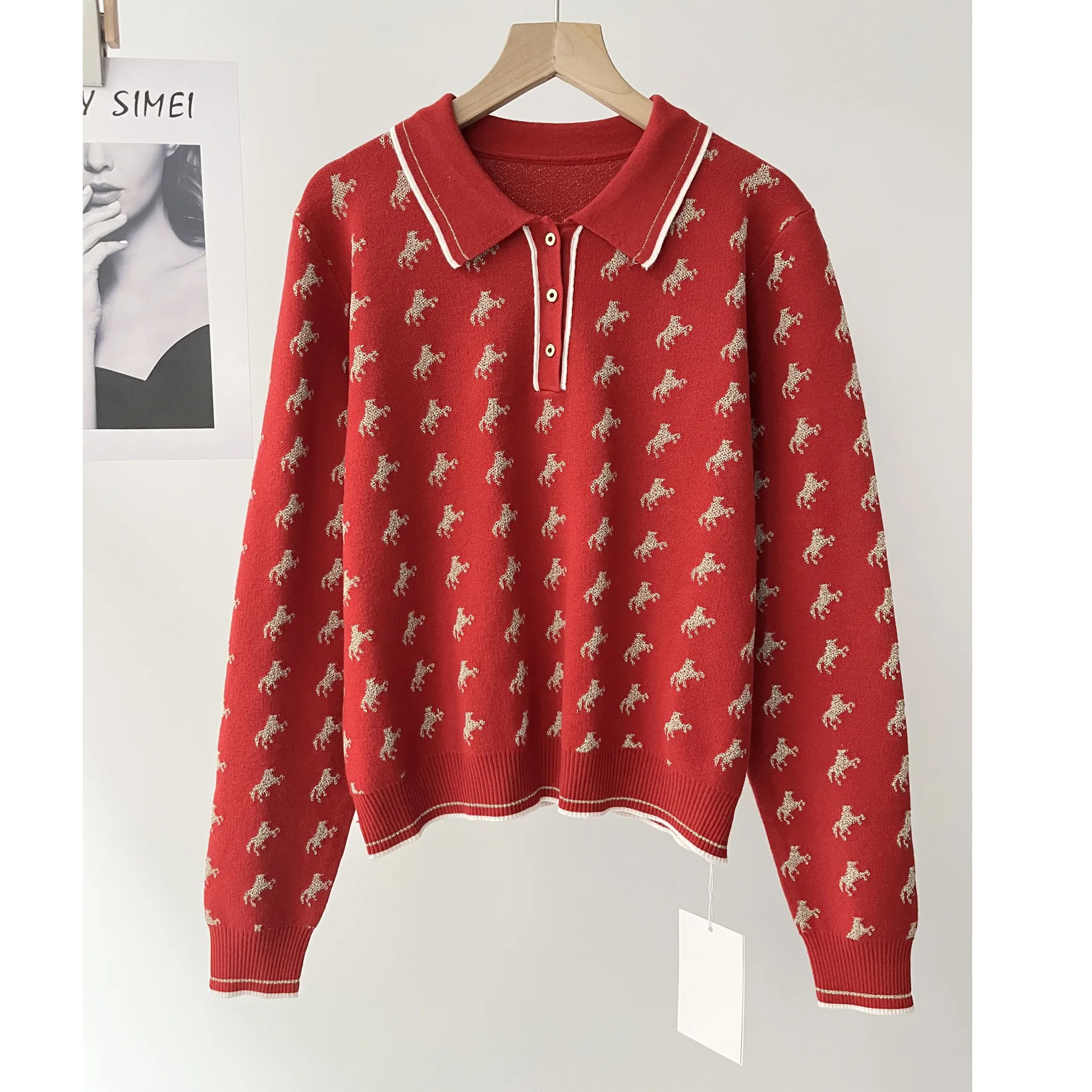 POLO neck knitted sweater women's full print pony jacquard long sleeve slim retro gentle wind sweater winter 51c-2075
POLO neck knitted sweater women's full print pony jacquard long sleeve slim retro gentle wind sweater winter 51c-2075