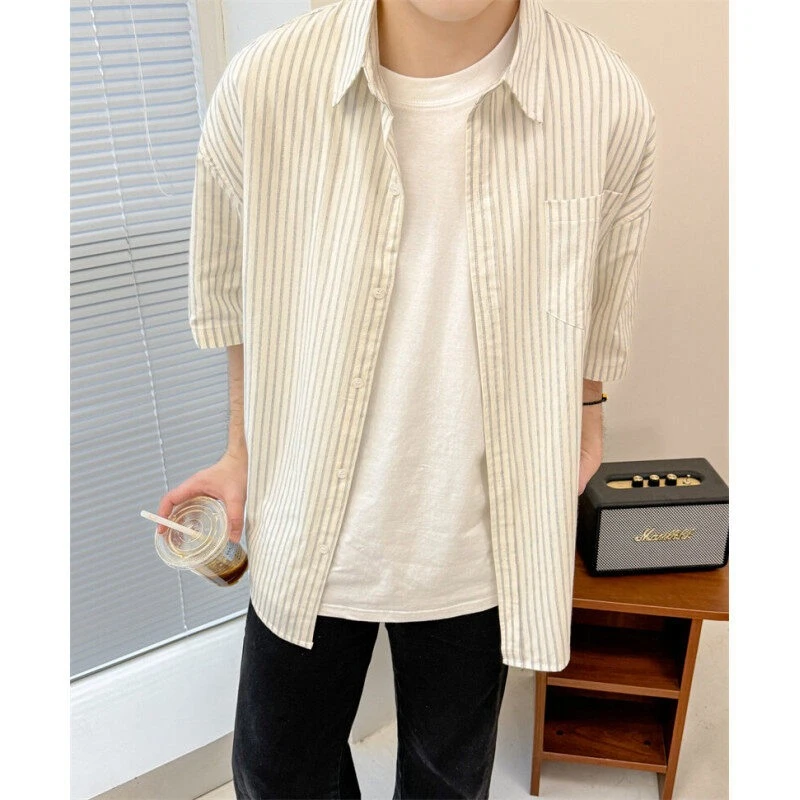 Men's Oversized Striped Casual Shirt - Korean Fashion Trend Short Sleeve Button-Down Collared Top Stylish Layered Streetwear
Men's Oversized Striped Casual Shirt - Korean Fashion Trend Short Sleeve Button-Down Collared Top Stylish Layered Streetwear