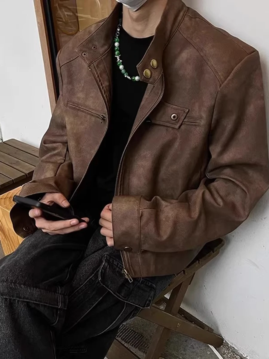 Retro American Sle Men's ort Biker Leather Jaet Stand Collar PU Material Autumn Faion Brand oulder Pad Jaet
Retro American Sle Men's ort Biker Leather Jaet Stand Collar PU Material Autumn Faion Brand oulder Pad Jaet