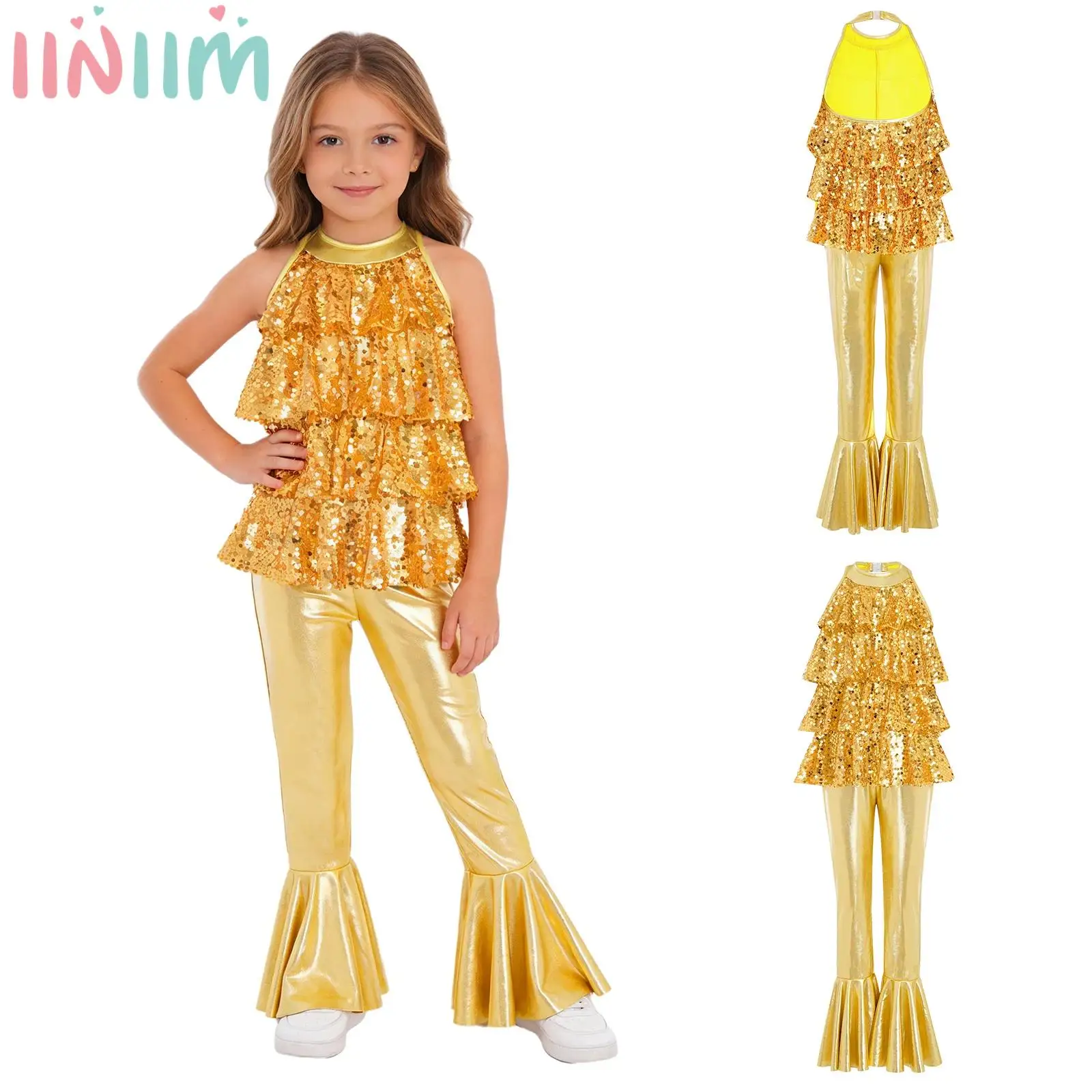 Kids Girls Sequins Tiered Ruffles Dance Jumpsuit Halter Backless Bell-Bottom Bodysuit for Carnival Festival Stage Costume
Kids Girls Sequins Tiered Ruffles Dance Jumpsuit Halter Backless Bell-Bottom Bodysuit for Carnival Festival Stage Costume