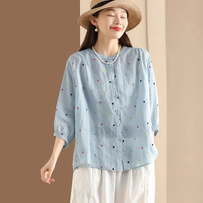 Женская повседневная льняная рубашка, Новое поступление, лето 2025 года, винтажный стиль, с круглым вырезом и вышивкой в горошек, свободные удобные женские топы, рубашки M1657
Женская повседневная льняная рубашка, Новое поступление, лето 2025 года, винтажный стиль, с круглым вырезом и вышивкой в горошек, свободные удобные женские топы, рубашки M1657
