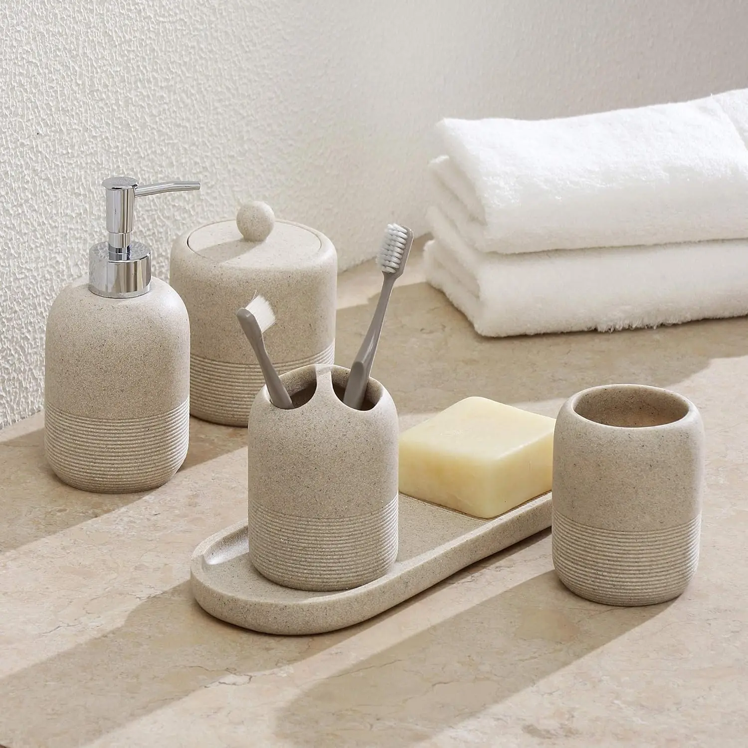 5-Piece Bathroom Set: Lotion Dispenser, Toothbrush Holder, Cotton Jar, Tray, Cup in Beige
5-Piece Bathroom Set: Lotion Dispenser, Toothbrush Holder, Cotton Jar, Tray, Cup in Beige