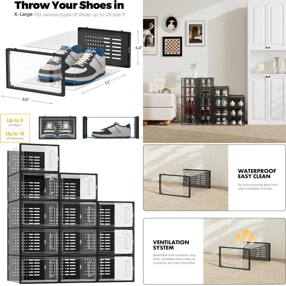 Штабелируемые белые пластиковые коробки для обуви для шкафа, черный органайзер для обуви из 12 предметов и держатель для кроссовок
Штабелируемые белые пластиковые коробки для обуви для шкафа, черный органайзер для обуви из 12 предметов и держатель для кроссовок