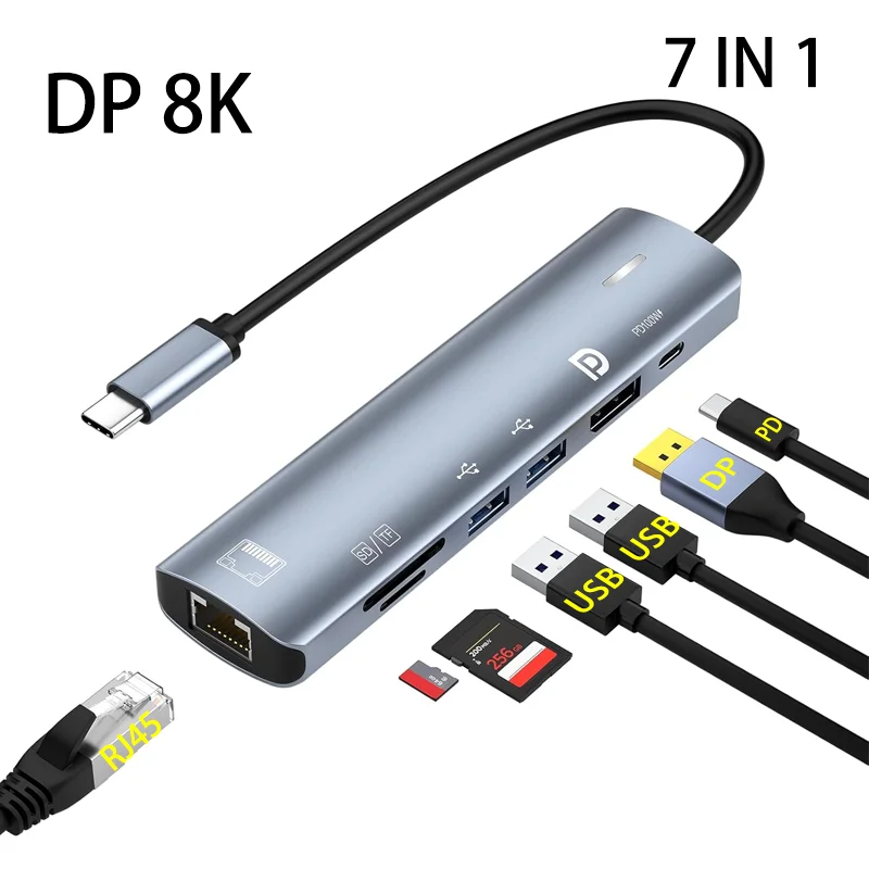 7-в-1 8K 60 Гц DP HUB PD100W, Ethernet, 2 порта USB, многопортовая док-станция с адаптером USB/TF USB-DP 4K 144 Гц
7-в-1 8K 60 Гц DP HUB PD100W, Ethernet, 2 порта USB, многопортовая док-станция с адаптером USB/TF USB-DP 4K 144 Гц