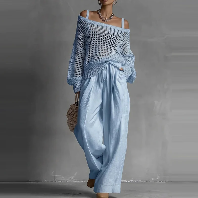 Chic Knitted Hollow Out Sweater And Pants Set Spring Summer New Solid Color Loose Outfit Elegant Lady Pocket Pants Two Piece Set
Chic Knitted Hollow Out Sweater And Pants Set Spring Summer New Solid Color Loose Outfit Elegant Lady Pocket Pants Two Piece Set