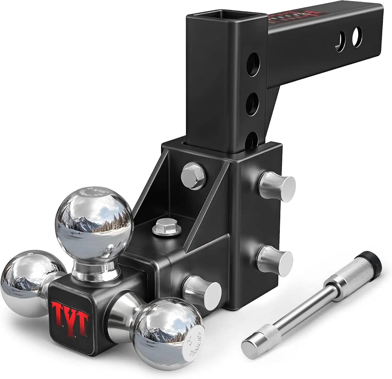 Adjustable Tri-Ball Trailer Hitch for 2" Receiver, 5" Drop/Rise, Triple Balls (1-7/8", 2", 2-5/16"), 10K lbs GTW
Adjustable Tri-Ball Trailer Hitch for 2" Receiver, 5" Drop/Rise, Triple Balls (1-7/8", 2", 2-5/16"), 10K lbs GTW