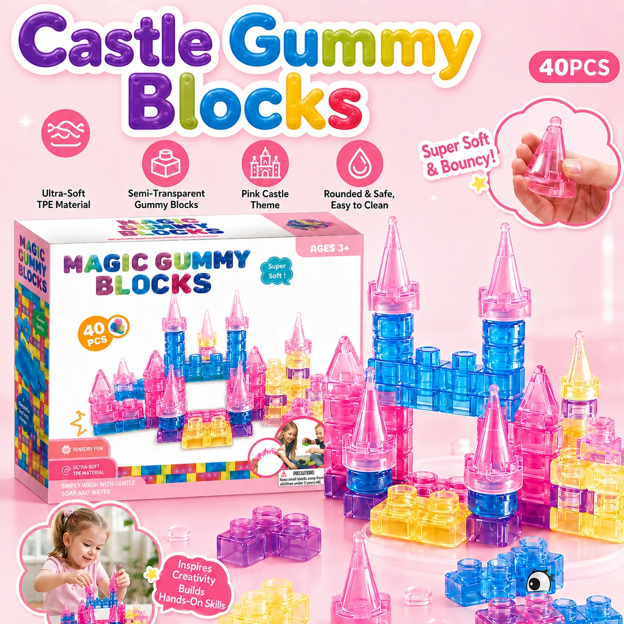 40PCS Magic Castle Gummy Bloc Soft Building Blocks for Kids, Food-Grade TPE Sensory Stacking Toys, Transparent Jelly Bricks
40PCS Magic Castle Gummy Bloc Soft Building Blocks for Kids, Food-Grade TPE Sensory Stacking Toys, Transparent Jelly Bricks
