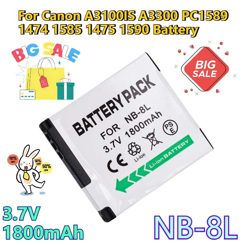 3.7V 1800mAh NB-8L Camera Batteries for Canon A3100IS A3300 PC1589 1474 1585 1475 1590 Battery
3.7V 1800mAh NB-8L Camera Batteries for Canon A3100IS A3300 PC1589 1474 1585 1475 1590 Battery