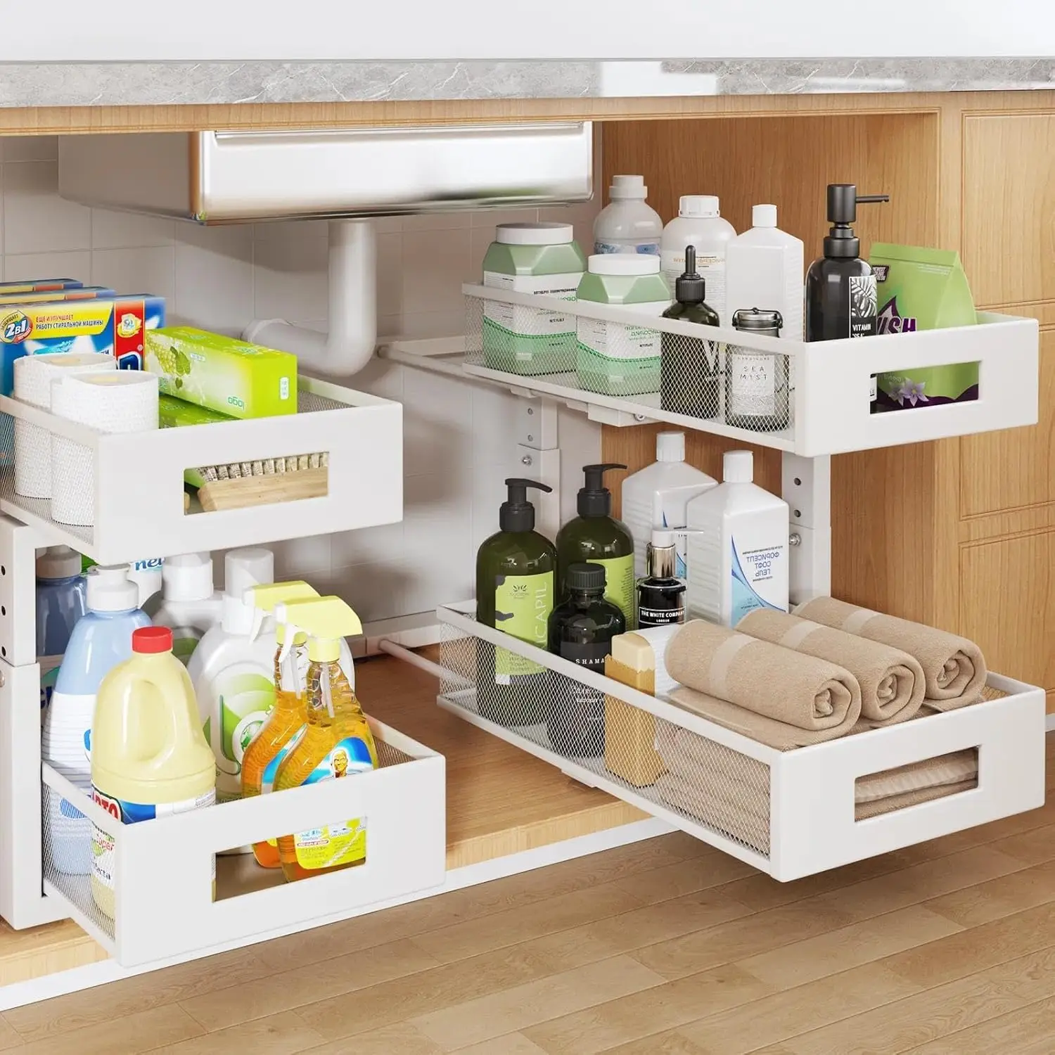 2-Tier Under Sink Organizer, Adjustable Height, Large Capacity Metal Mesh Drawers for Bathroom & Kitchen Storage
2-Tier Under Sink Organizer, Adjustable Height, Large Capacity Metal Mesh Drawers for Bathroom & Kitchen Storage