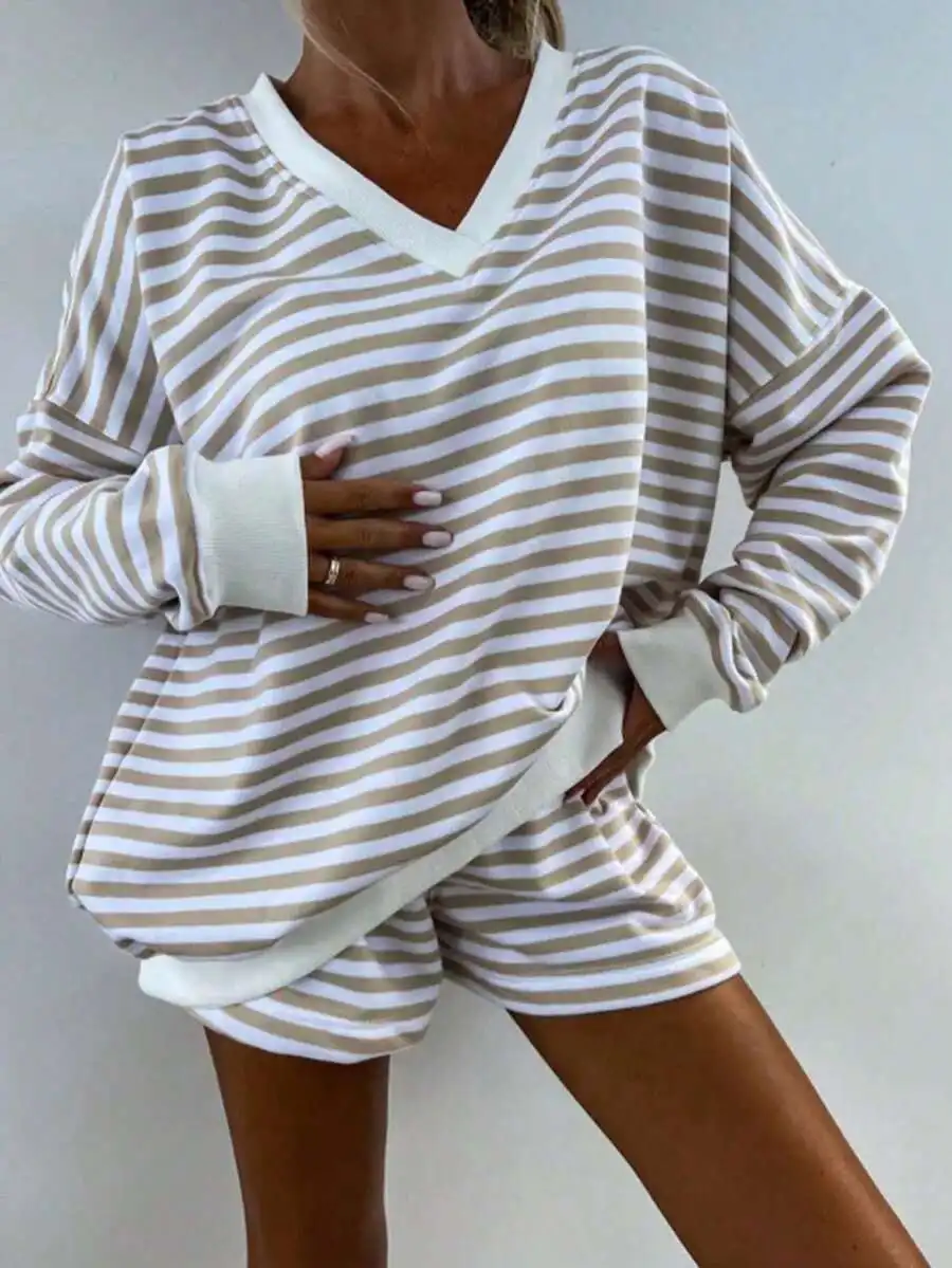 Spring Summer Striped Loose V-Neck Long Sleeve Top And Shorts Set Casual Women
Spring Summer Striped Loose V-Neck Long Sleeve Top And Shorts Set Casual Women