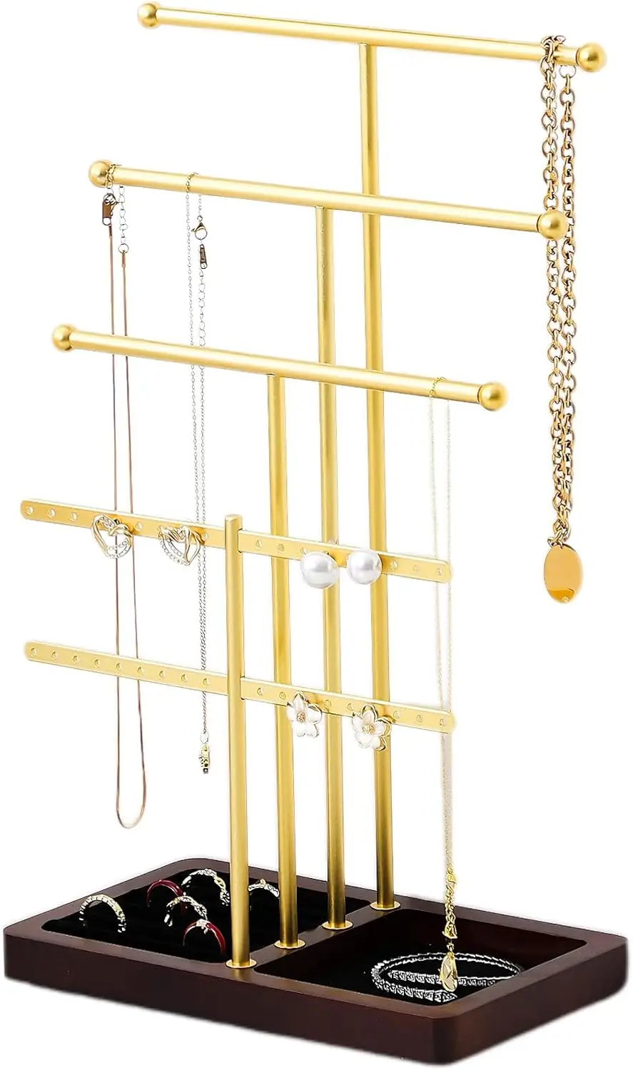 Современная 4-ярусная подставка для украшений с золотым металлическим и керамическим основанием для хранения ожерелий, браслетов и колец
Современная 4-ярусная подставка для украшений с золотым металлическим и керамическим основанием для хранения ожерелий, браслетов и колец