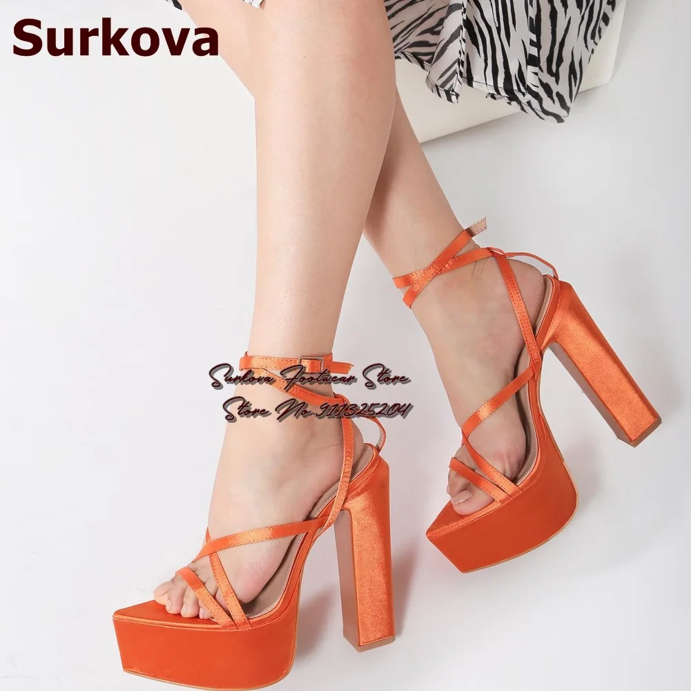 Surkova Orange Black Satin Chunky Heel Sandals High Platform Pointed Toe Banquet Pumps Cross Strap Buckle Evening Shoes Size46
Surkova Orange Black Satin Chunky Heel Sandals High Platform Pointed Toe Banquet Pumps Cross Strap Buckle Evening Shoes Size46