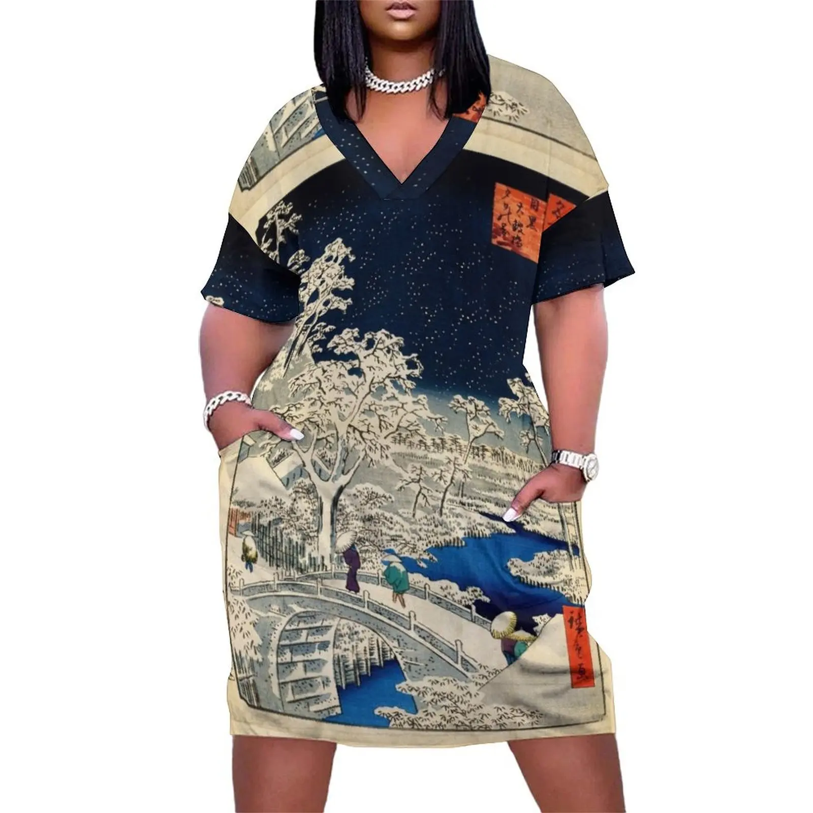 Ukiyo-e, Ando Hiroshige Yuhi Hill and the Drum Bridge at Meguro (1856- 1858) Loose Pocket Dress Women's long dress
Ukiyo-e, Ando Hiroshige Yuhi Hill and the Drum Bridge at Meguro (1856- 1858) Loose Pocket Dress Women's long dress