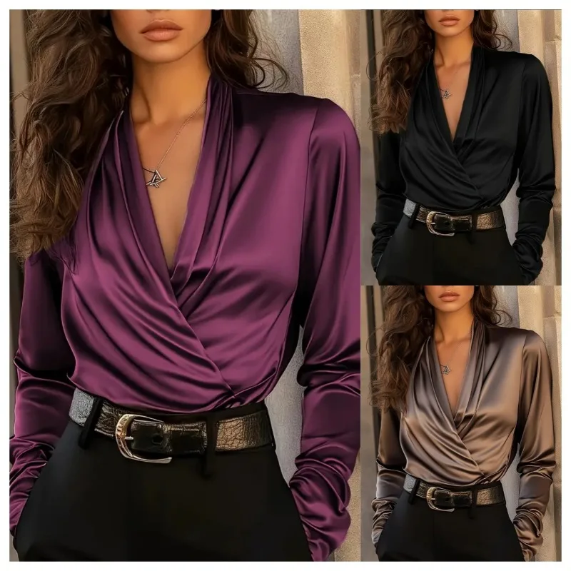 2025 Elegant V-Neck Spliced Blouse Spring Autumn Slim Long Sleeve Women's Clothing Solid Color Fashion Bright Silk Shirt
2025 Elegant V-Neck Spliced Blouse Spring Autumn Slim Long Sleeve Women's Clothing Solid Color Fashion Bright Silk Shirt