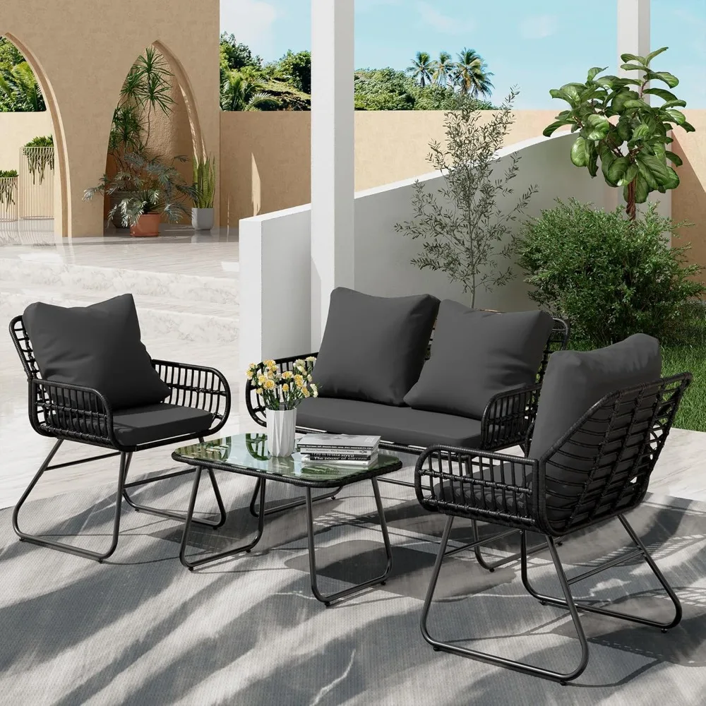 4-Piece Outdoor Rattan Patio Furniture Set with Cushions & Tempered Glass Table, All-Weather Wicker Conversation Set for Garden
4-Piece Outdoor Rattan Patio Furniture Set with Cushions & Tempered Glass Table, All-Weather Wicker Conversation Set for Garden